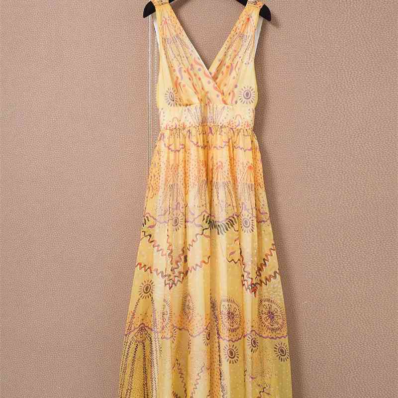 

Truevoker Summer Runway Fashion Dress Lady Vintage Totem Print Sexy Deep V-neck Backless Long Resort Vestido Women Party Robe 210602, Yellow