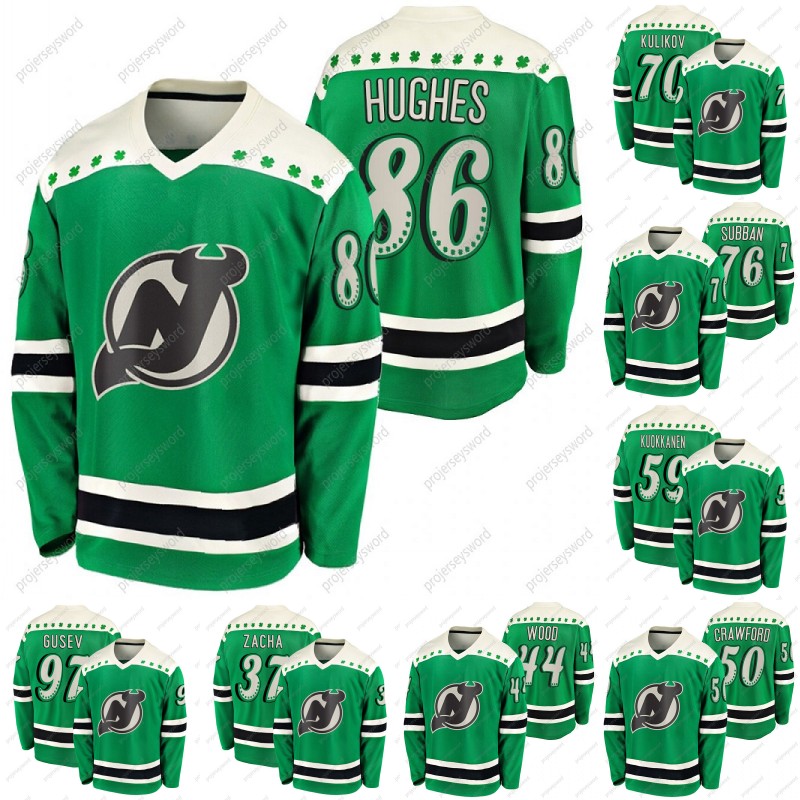 

New Jersey Devils Jack Hughes 2021 St Patricks Day Jersey P.K. Subban Jesper Boqvist Corey Crawford Miles Wood Ben Street Pavel Zacha Nikita, Black;red
