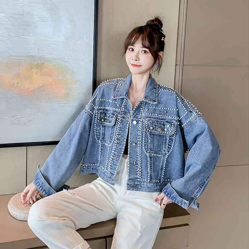 

Women's Jackets Designer beads diamond and pearl short tops jean blue harvest jacket for women loose long sleeve denim large size single clotges JXUP, 1# shoe box