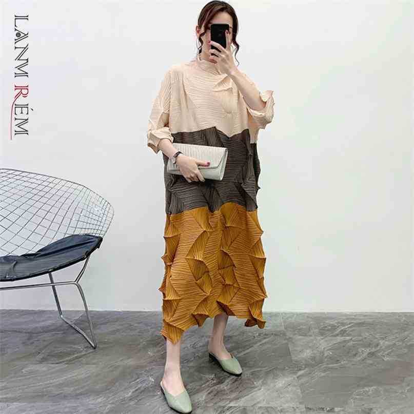 

Spring Summer Stand Collar Hit Color Irregular Pleated Dress Women Vintage Loose Temperament Clothing PE053 210526, Yellow