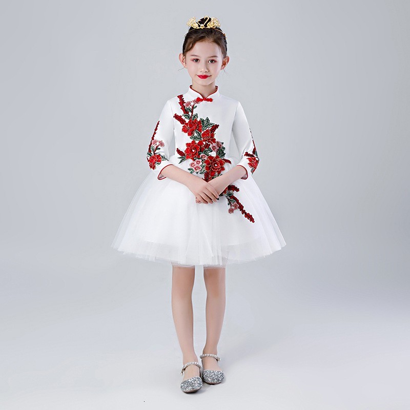 

Children White Sweet Ball Gown Exquisite Flower Appliques Qipao Vintage Button Trim Elegant Chinese Mesh Dress F965, White-2