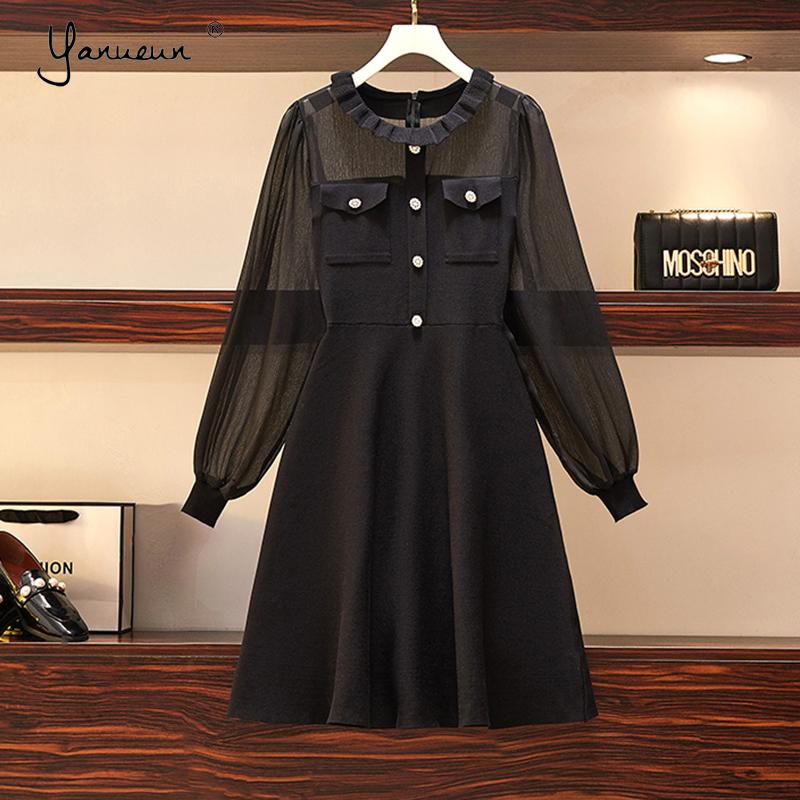 

Casual Dresses Yanueun Womens Plus Size Lantern Sleeve Knitted Dress Ruffles Fashion Mini Clothing For Lady Spring Summer, Black;gray