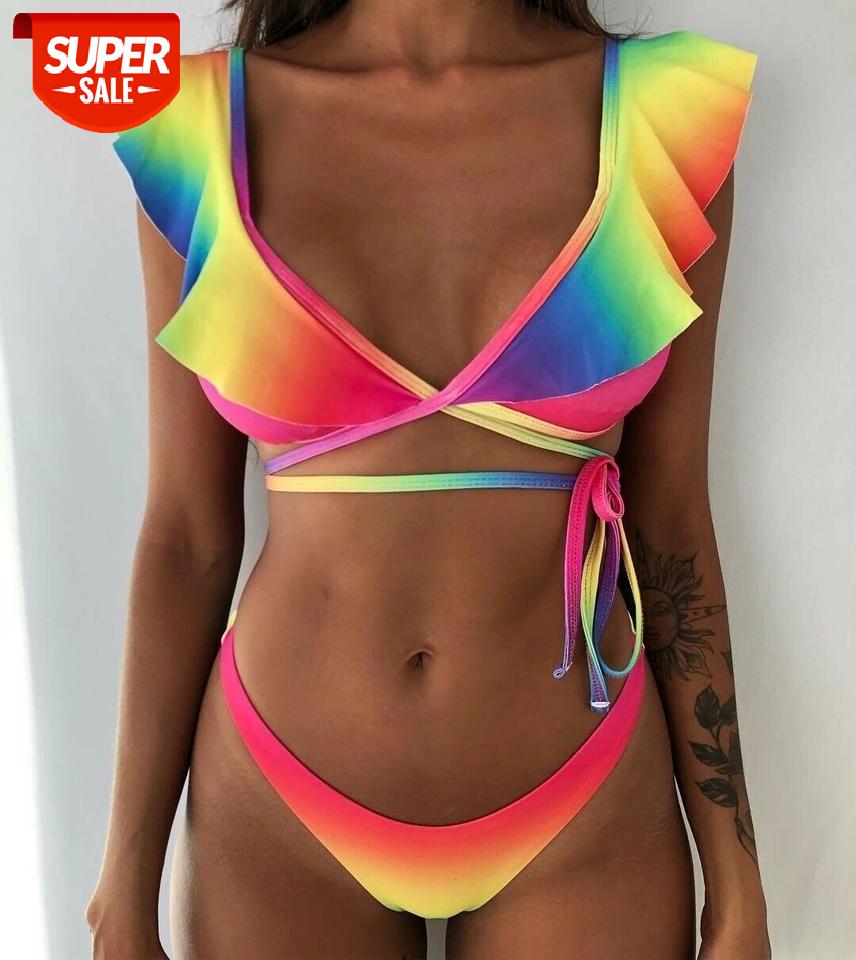 

2019 Summer Female Beachwear Gradient Rainbow Printed Bathing Suit Ruffles Swimsuit Push Up Bikini Set Sexy Bandage Swimwear #Pp7F, White;black