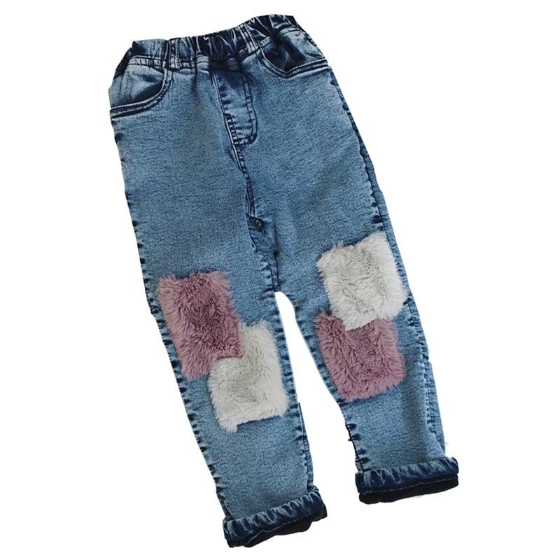 

3-7 Years Winter Girl Thick Warm Fleece Jeans Pant Baby Kids Children Denim Toursers, As pic
