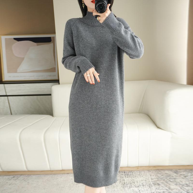

Women' Knits & Tees 2021 Winter Cashmere Sweater O-neck Dress High-quality Warmth-knee Pullover, Black