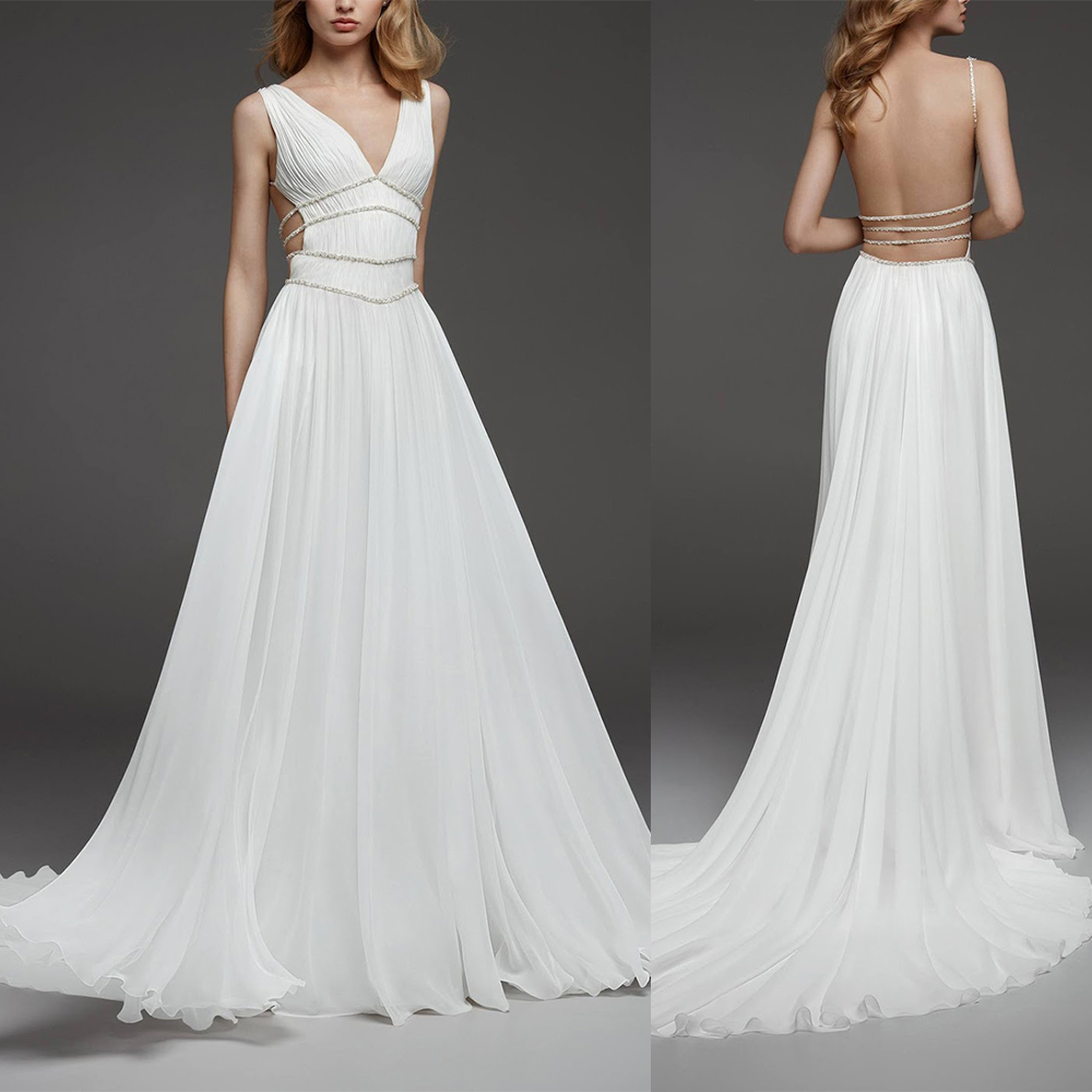 

Simple And Elegant Stain Wedding Dresses With Decorates Backless Gown Appliqued Plus Size Bridal, White