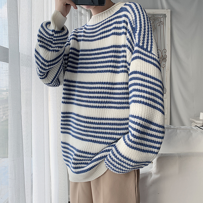 

2021 New Korean Striped Sweater Men's Warm Fashion Casual Knit Pullover Men Wild Loose Autumn Knitting Sweaters Mens Clothes M-2xl Ar28, Blue