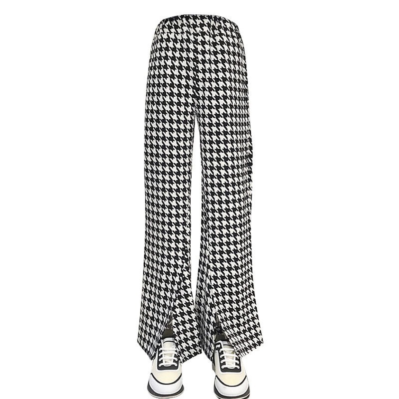 

Houndstooth Plaid Print Pants Women Harajuku Korean Style Loose Wide Leg Pants Pants Casual High Waist Long Trousers, Black;white