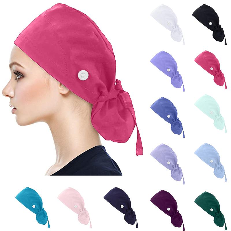 

Work Hat Women Men Solid Color Scrub Cap With Buttons Bouffant Hat With Sweatband summer women beach gorros mujer