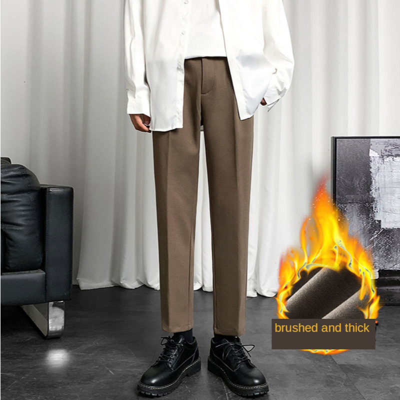 

2021 New Winter Plus Veet Suit Men's Slim Warm Fashion Casual Social Men Straight Woolen Pants Mens Napx, 6867 brown