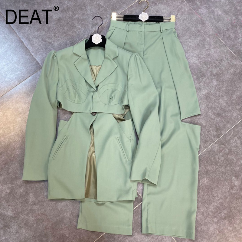 

Women Hollow Out Notched Neck Long Pants Arrivals Two Piece Set Fashion Temperament Spring Summer 11D344 210525, Emerald green