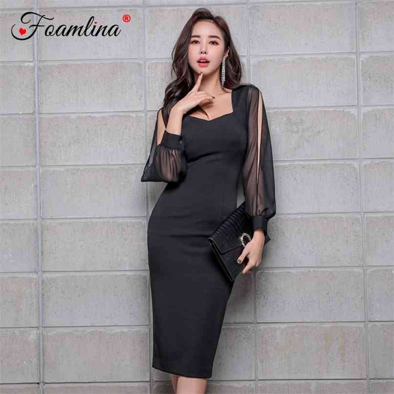 

Elegant Women Spring Fashion Bodycon Dress Sexy V Neck Chiffon Split Long Sleeve Casual Work Office Midi Pencil 210603, Black