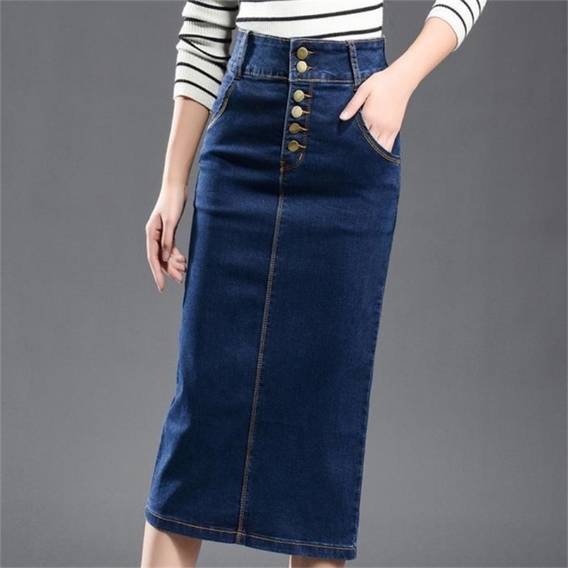 

women's large size denim skirt elasticity high waist long split 7xl 210702, Blue