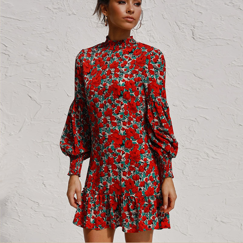 

2021 New Autumn Printed Stand Collar Sexy Women Fashion Casual Chiffon Pullover Top Lantern Elastic Long Sleeve Ladies Kqze, Red