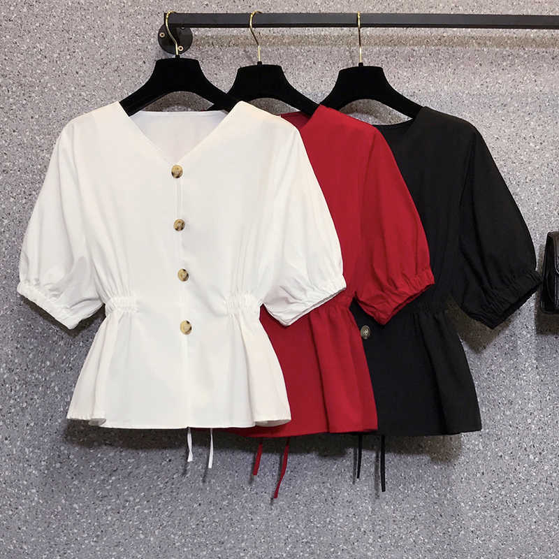 

Summer Fashion Button Blouse Pullover Ladies V-Neck Tee Tops Female Women's Short Sleeve Shirt Blusas Femininas Clothing 210604, White