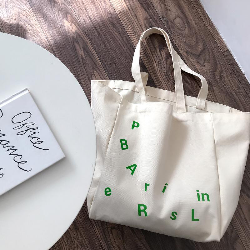 

Letter Printing Women Big Canvas Bag Ladies Large Tote Female Grocery Shopping Bag Eco Environmental Shoulder Bags for Girls, P white