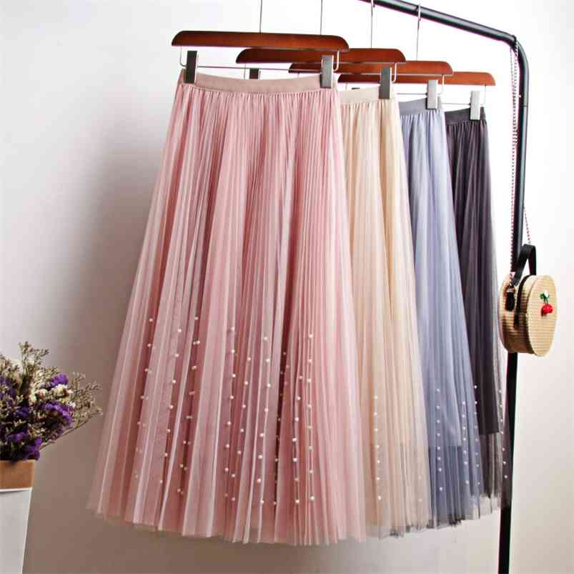 

Spring Summer Skirts Beading Mesh Tulle Skirt Women Elastic High Waist A Line Mid Calf Midi Long Pleated Skirt 210721, Beige