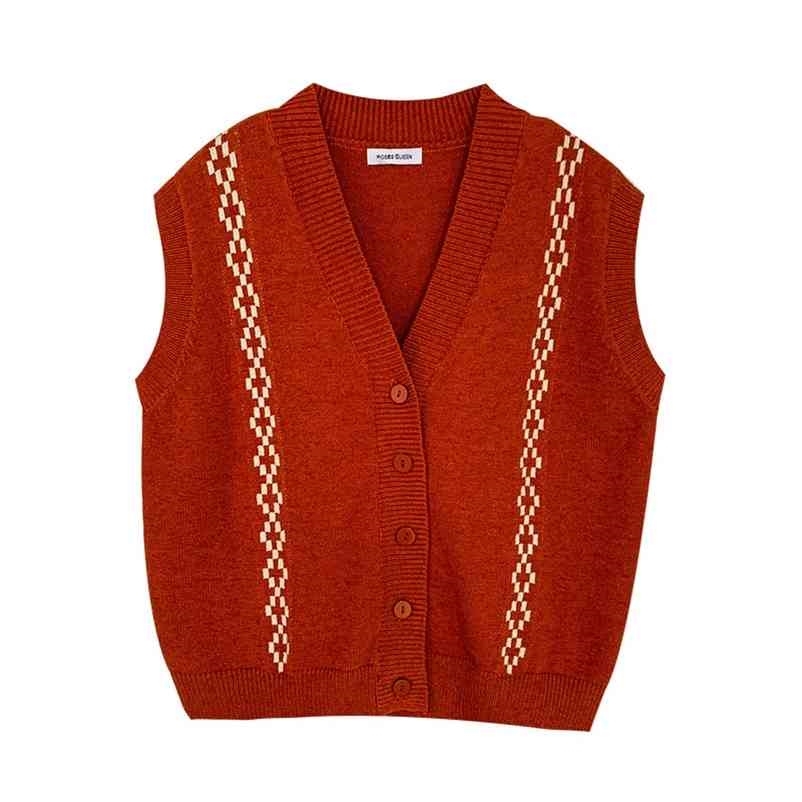 

Spring Autumn Sleeveless Sweater Casual V Neck Button Up Waistcoat Korean Short Cardigan Knitted 210602, Red
