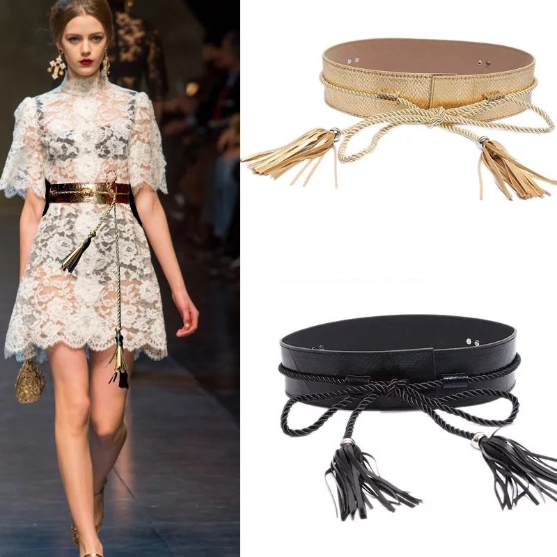 

Women's Belt Snake Leather Gold Wide Waistband Tassel Strap, Black;brown