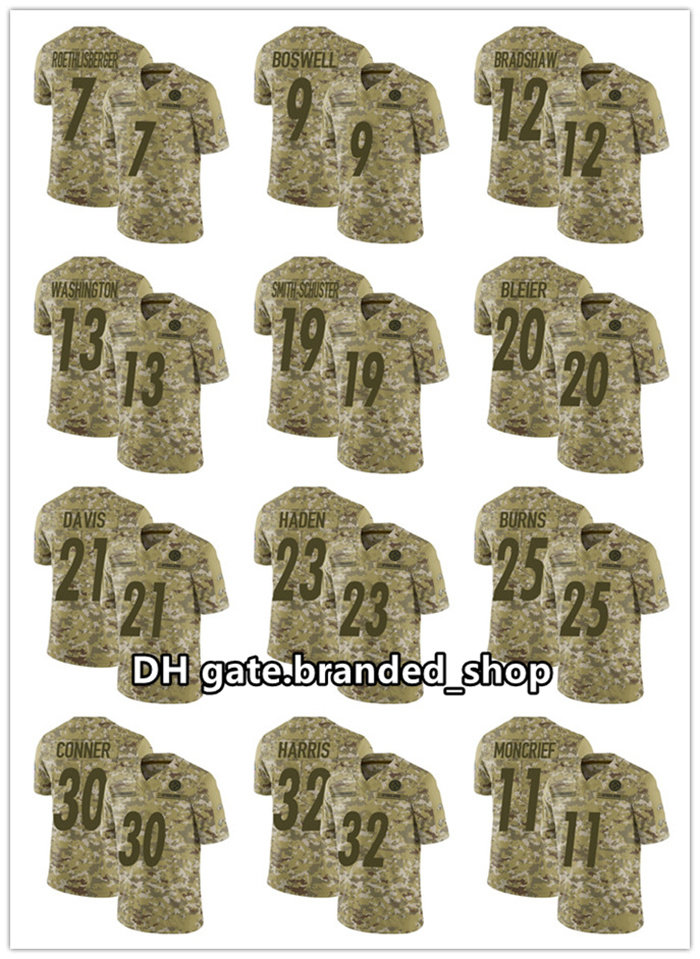 

Pittsburgh Steelers men Chase Claypool 19 JuJu Smith-Schuster 7 Ben Roethlisberger women youth camo Salute To Service Limited Jersey, Black;red