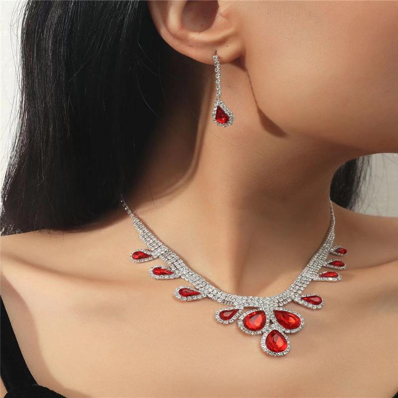 Chokers Silver Plated Red Austrian Crystal Chain Necklace And Earring Jewelry Set Rhinestone Women's Wholesale-image-721481991
