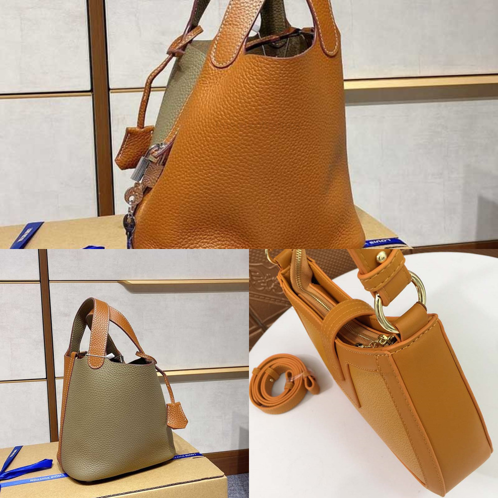 

Genuine Handbags Purse Shoulder Bag Vegetable Basket Cowhide Leather High Quality Patchwork Color Classic Lock Key Women Wallets, Brown