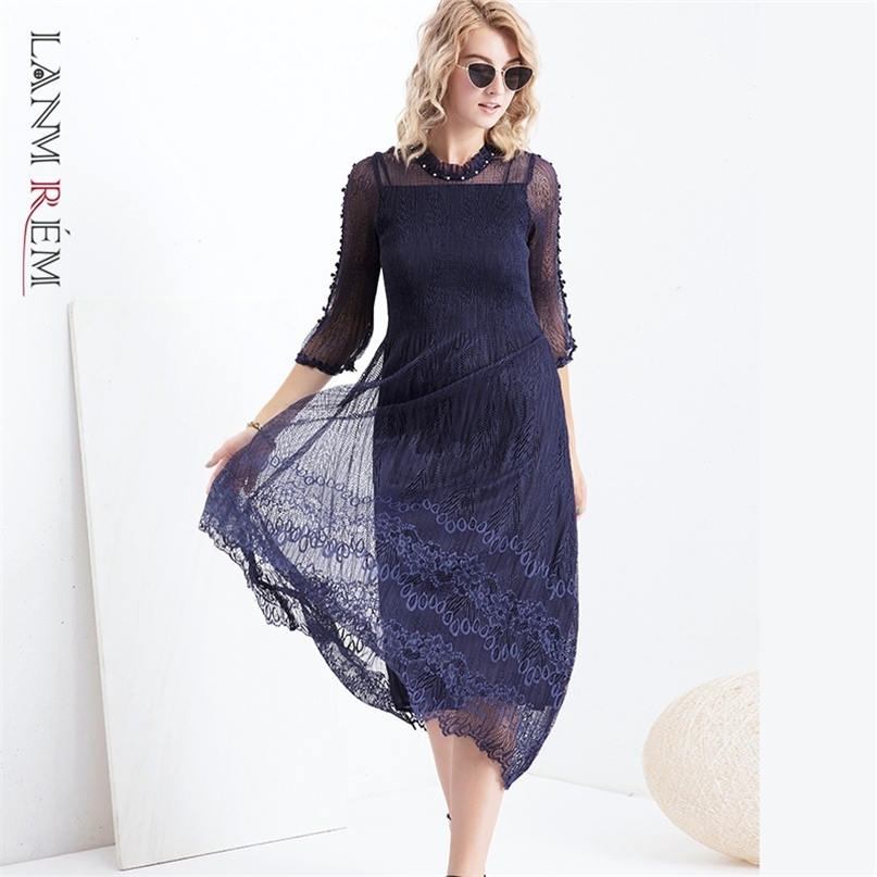 

Pleated Yarn Dress For Women Navy Blue Layer Mesh Dresses Large Size Flare Sleeve Femlae Elegant Clothing 2D3925 210526, Red