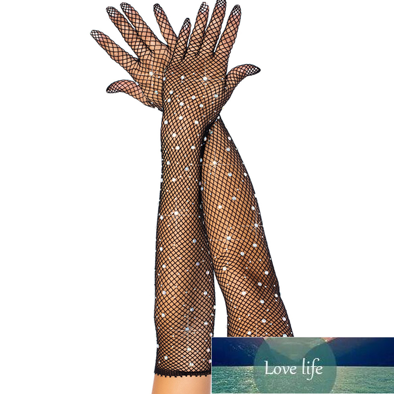 

Sexy Elastic Mesh Gloves With Colored Flash Diamonds Bungee Stage Performance Hollow Fishing Net Punk Hiphop Women's Gloves R51 Factory price expert design Quality