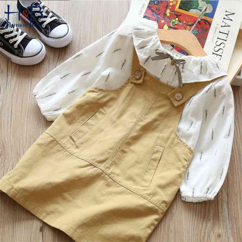 

Spring And Autumn Children'S Wear Girls Doll Collar Printed Shirt + Yellow Strap Skirt 2pcs Clothing Sets 210611, Bz1597 green