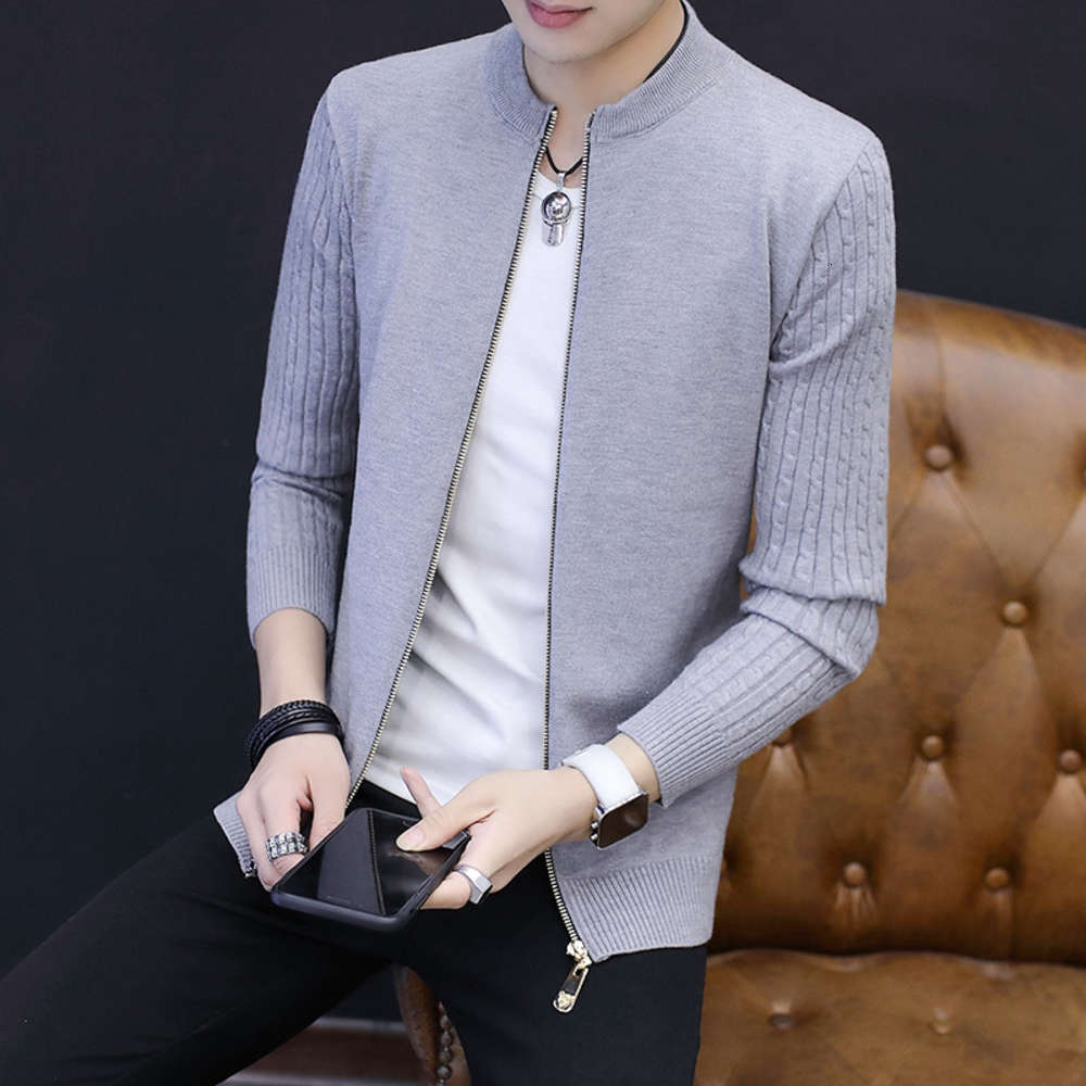 

2020 spring and Autumn New Short Knitwear men's long sleeve with cardigan, slim fit, pure color sweater, jacket, Beige