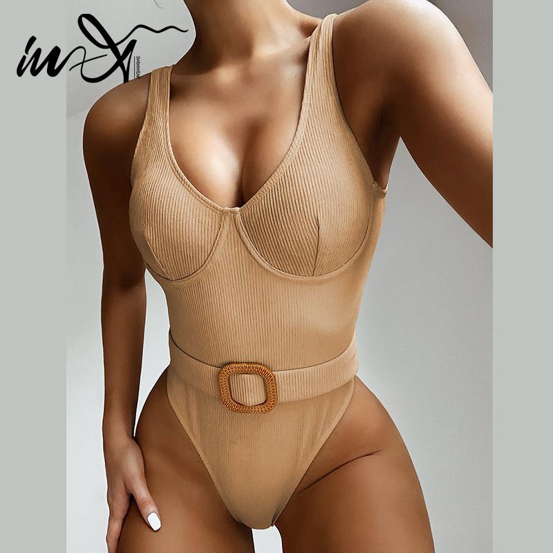 

In-X Push up bodysuit one piece swimsuit female Ribbed swimwear women Monokini Belt bathing suit One piece suits Beachwear new