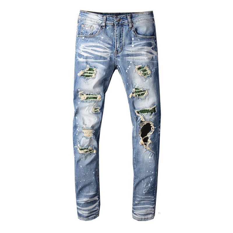 

2021 New Men's Male Fashion Casual Crystal Holes Ripped Jeans Slim Ny Patchwork Distressed Blue Stretch Denim Pants Trousers 98k9, Sky blue