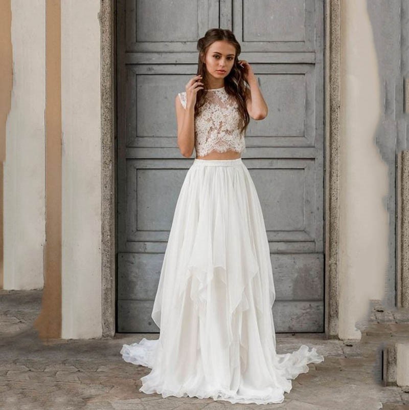 

2021 New Boho 2 Pieces Sleeveless Sexy Lace Beach Bride Es Train Elegant Chiffon Wedding Bridal Gowns Ts4b, White