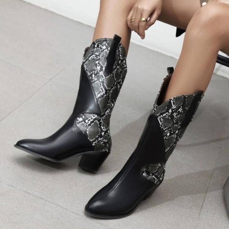 

Boots Pointed Thick Heel Color Matching Medium Tube Children's 2021 Net Red And White Cowboy Wide Snake Pattern, Black