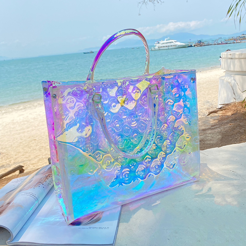 

Colorful Shopping Bag Tote 2021 Summer Beach Transparent Laser Female Magic Rainbow Portable Shoulder Bag, With l