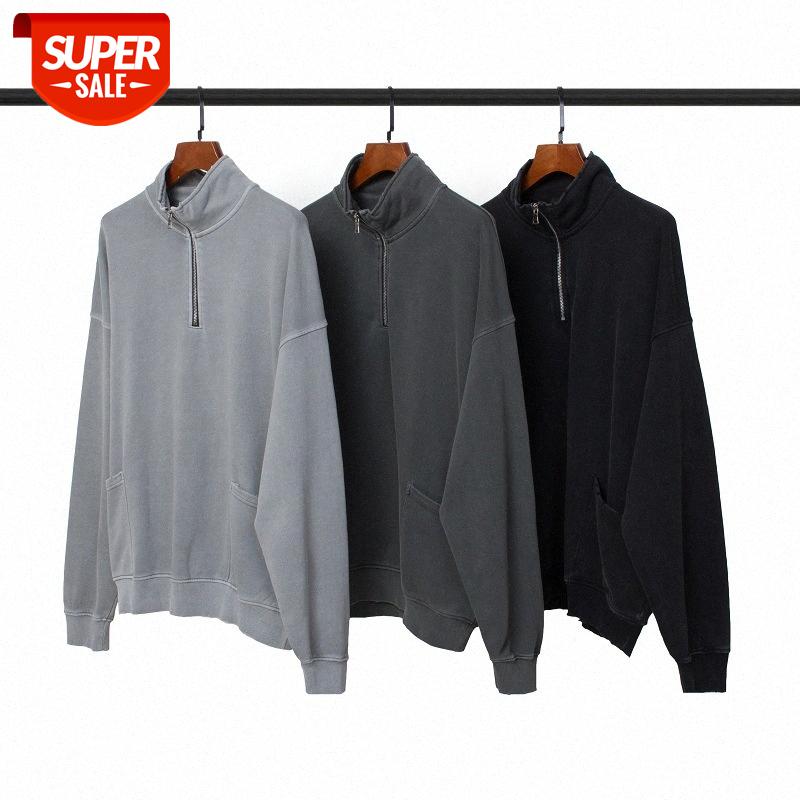 

OVERSIZE Loose Frayed Edge Retro Washed Distressed Stand Collar Half Zipper Double Pocket Drop Shoulder Pullover Sweatshirt #VK2p, Black
