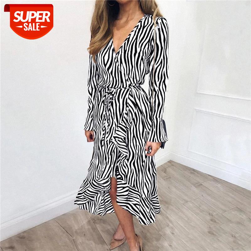 

Summer Long Dresses 2019 Women Zebra Print Beach Chiffon Dress Casual Long Sleeve V Neck Ruffles Elegant Party Dress Vestidos #r29D, Black;gray