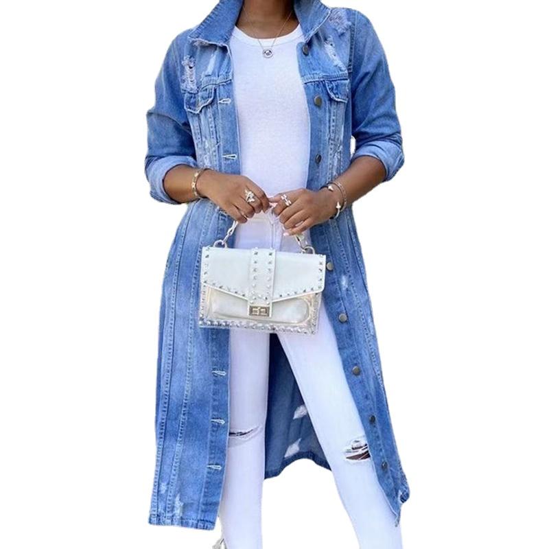

Women' Jackets Autumn Women Sexy Ripped Denim 2021 Vintage Casual Long Jean Jacket Winter Female Sleeve Coat Streetwear Plus Size, Blue