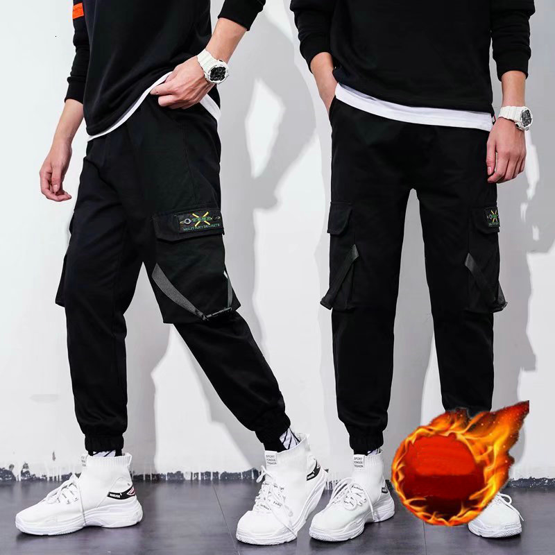 

2021 New Streetwear Fleece Cargo Winter Overalls Men Hip Hop Joggers Fashions Track Pants Casual Black Sweatpants C7ey Kqdh