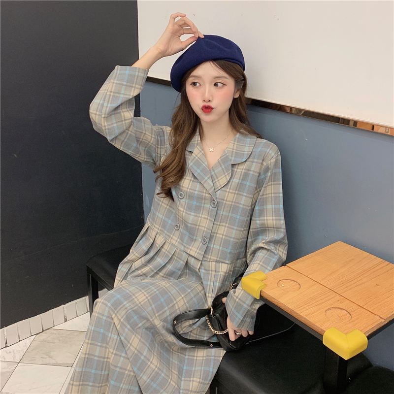 

Women Autumn Long Sleeve Plaid long Pleated Blazer Dress ladies vintage high waist sweet dresses casual street korean vestidos, Black;gray