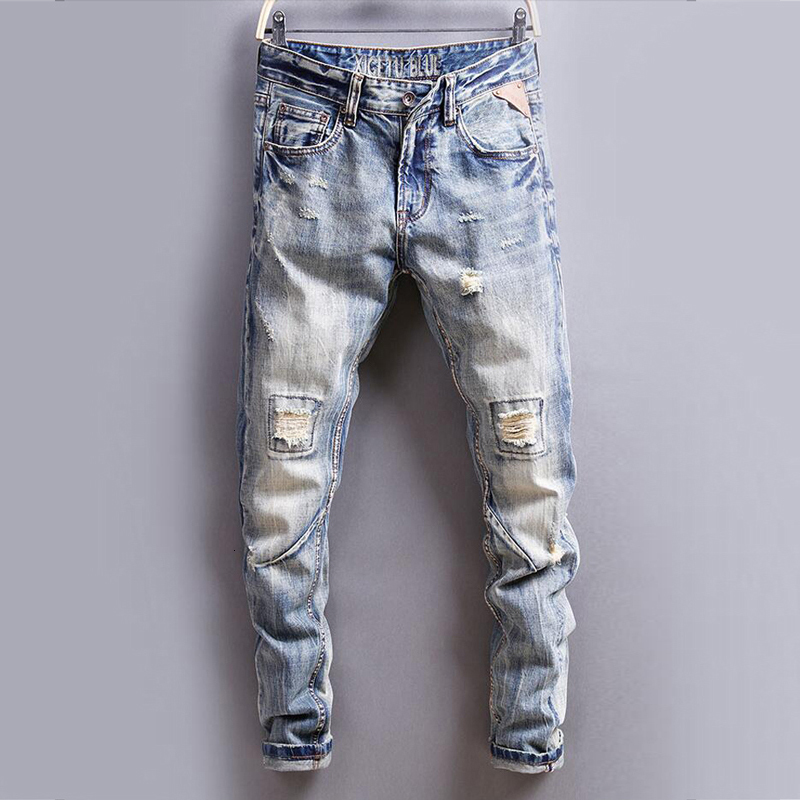 

2021 New Italian Style Fashion Vintage Designer High Quality Slim Ripped Men Streetwear Hip Hop Jeans Biker Pants Hombre Rw6l, Retro color