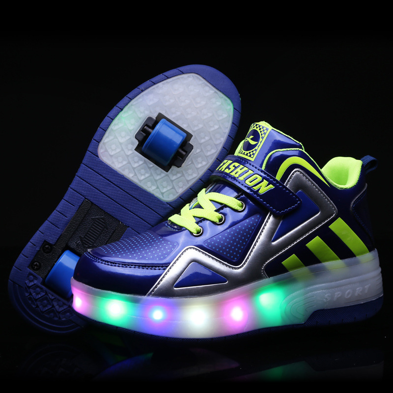

Size 30-40 Children Glowing Sneakers On Double Wheels Boys Girls Roller Skate Shoes With Lights Kids USB Charged Luminous Shoes, Black