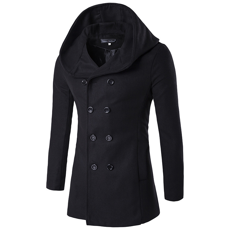 

Autumn and Winter New Men's Double-breasted Hooded Woolen Coat Lapel Windbreaker Jacket F103, Black