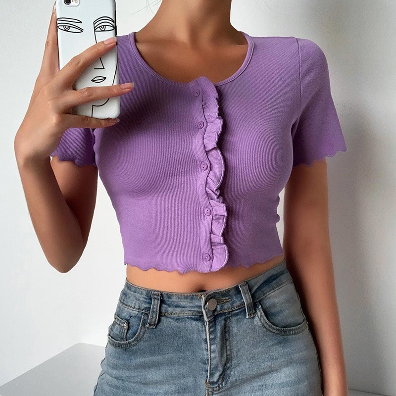 

Fashion Slim Short Sleeve Solid Splice Buttons Crop Top Women Sexy Bodycon V Neck Street Tshirt New Casual Knitted Top, White
