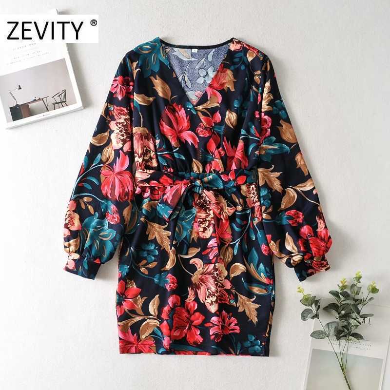

Zevity women elegant v neck flower print vestidos waist bow tied mini dress chic lady lantern sleeve slim knitted dresses DS4394 210603, As pic ds4394jj