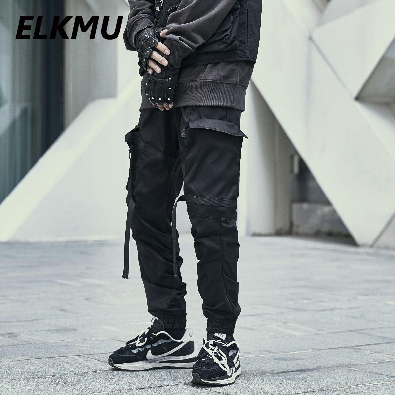 

Men' Pants ELKMU Black Tactics Cargo Streetwear Jogger Men Fashion Multi-pocket Ribbon Design Sweatpants Trousers Elastic Waist HM589