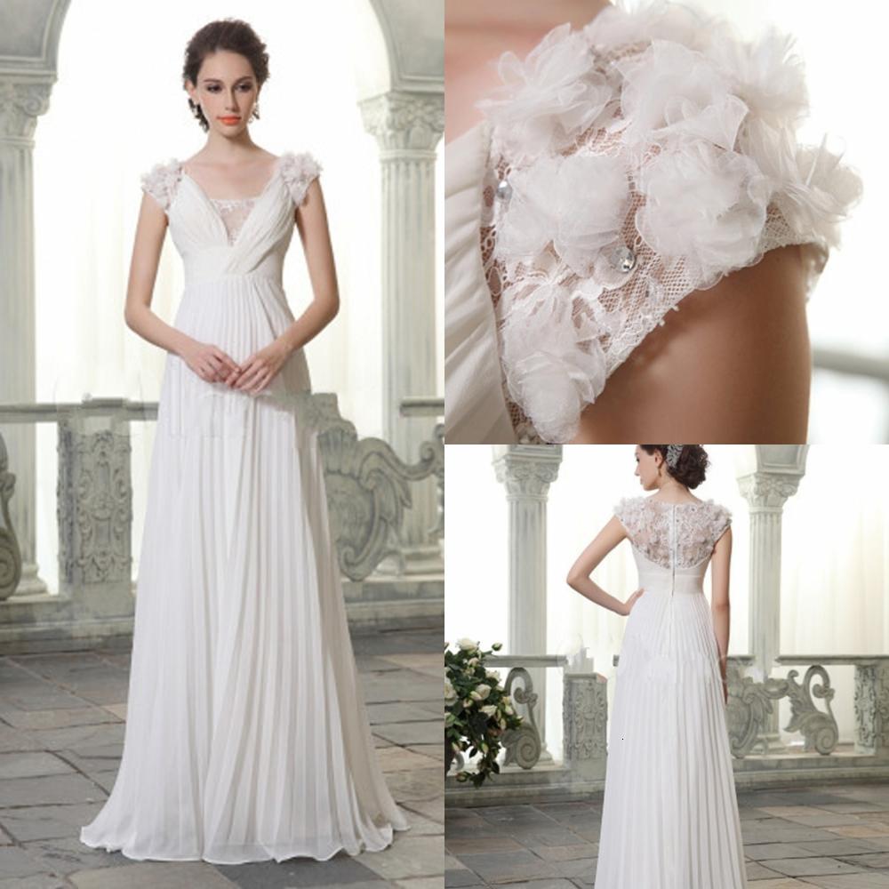 

2021 New Beach Es v Neck Chiffon Summer Bridal Flowers Beading Pleated Floor Length Wedding Gown Robe De Mariage Pw71, Ivory