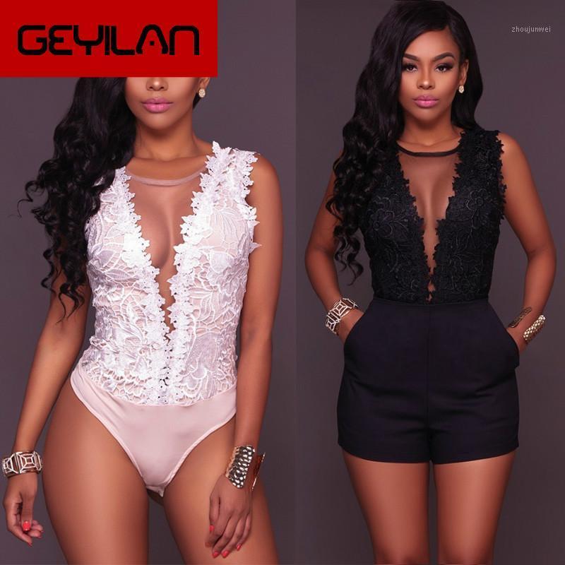 

Sexy Lace Floral Bodysuit Women Summer Sleeveless V Neck Bodycon Jumpsuit Tops Party Wedding Clothing Femme Women's Jumpsuits & Rompers, Black