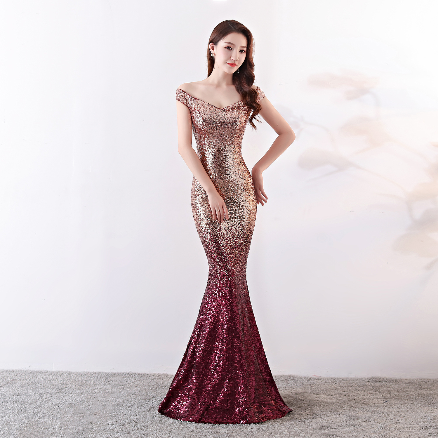 

Women Sparkling Gradual Champagne Gold Sequin Mermaid Off the Shoulder Evening Prom Dress 9vub, Burgundy
