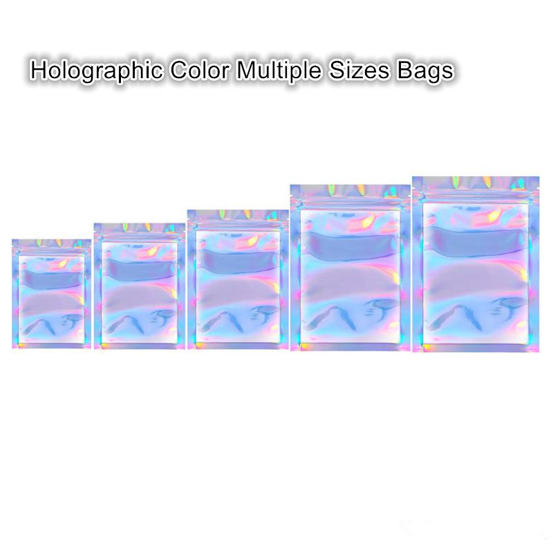 

Newest Arrival Holographic Color Multiple Sizes Resealable Smell Proof Bags Foil Pouch Bag Flat Bag for Party Favor Food Storage